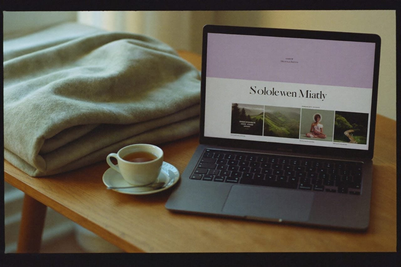 Laptop, Tee und Decke — eine ruhige Ecke zu Hause am Abend